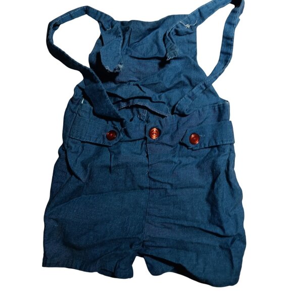 Vintage Blue Denim Baby Overalls 12M Red Buttons & Sailboat Pocket Embroidery - Picture 2 of 6